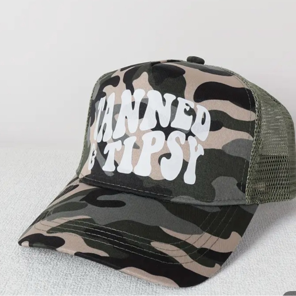 Tanned & Tipsy  Trucker Hat with White Text